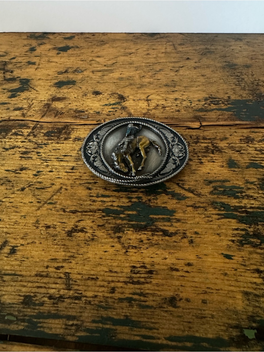 Western Horse Rider Oval Belt Buckle in Silver Color with Painted Accents